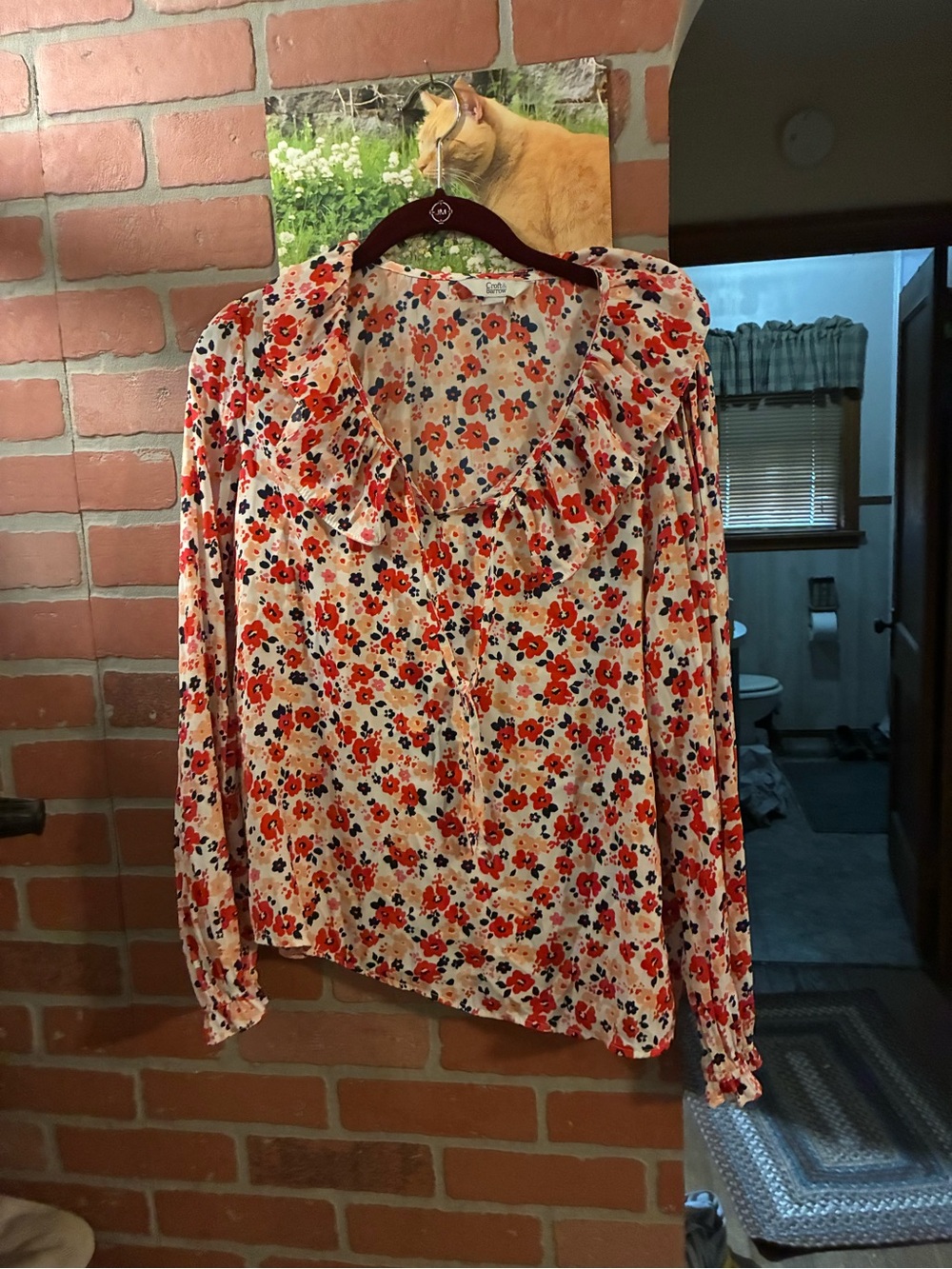 croft & barrow Floral Ruffle Tie-Neck Blouse - Cream with Red & Blue Flowers